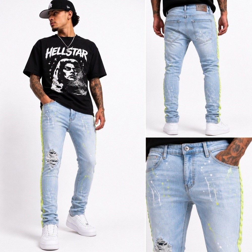 KDNK Jeans Mens 36X30 Distressed Skinny Stretch Neon Side Stripe Splatter Street